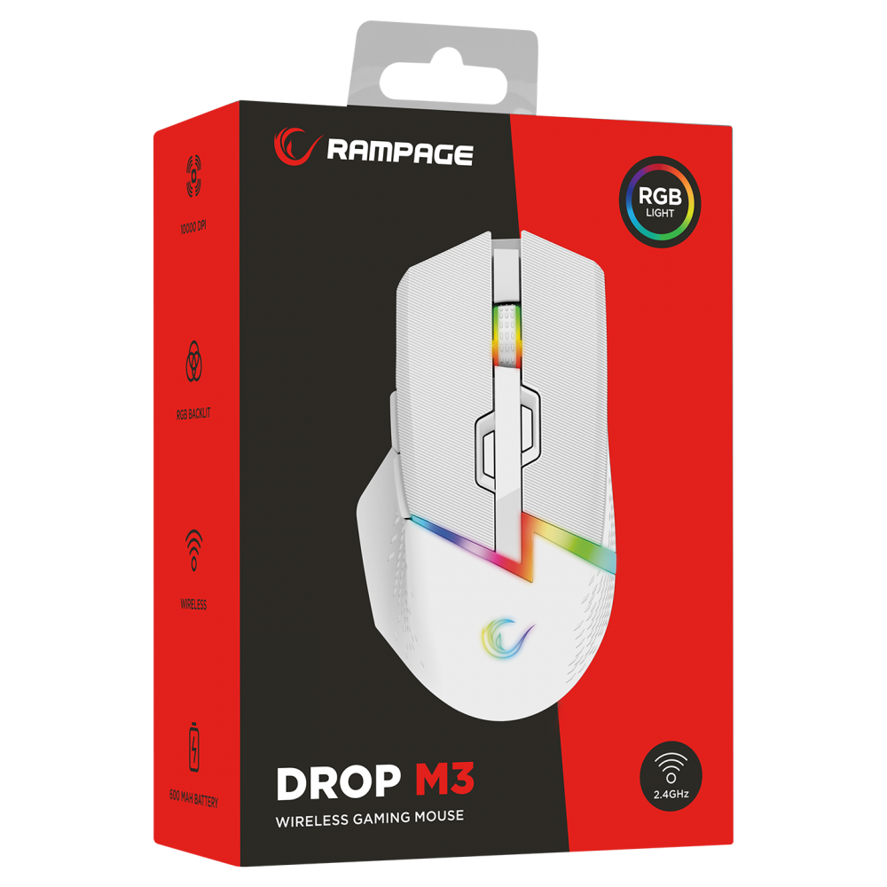 DROP M3 Beyaz RGB Kablosuz 10000DPI 10D Gaming Oyuncu Mouse - Rampage