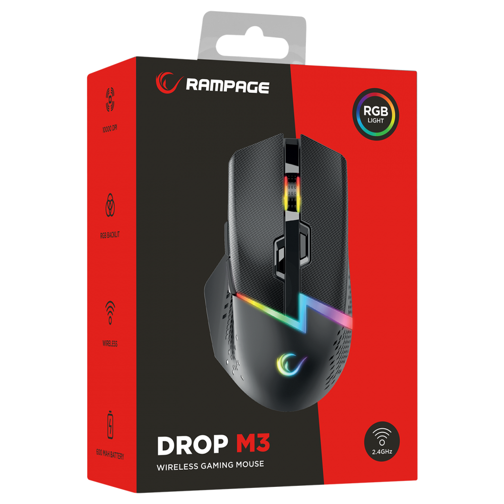 DROP M3 Siyah RGB Kablosuz 10000DPI 10D Gaming Oyuncu Mouse - Rampage