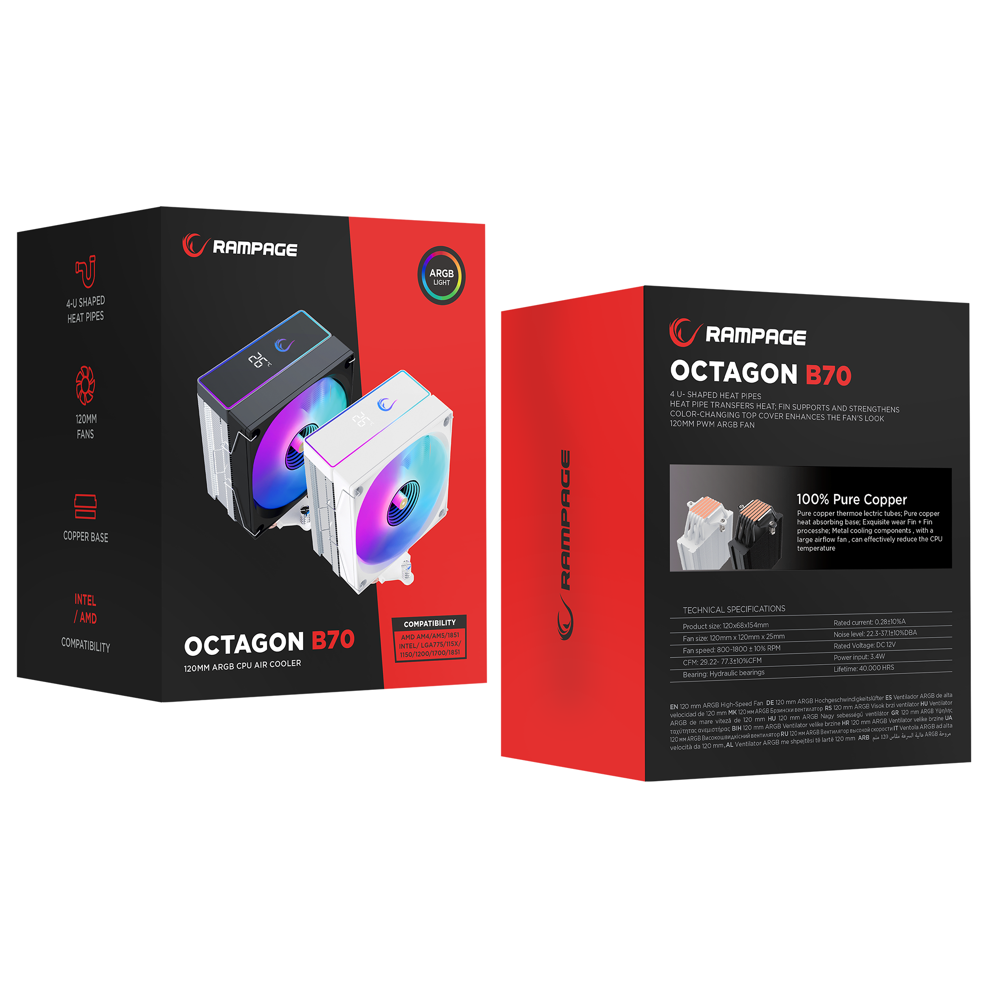 Octagon B70 63CFM 12cm ARGB Temperature Display AM5/LGA1700 Compatible Air Cooled CPU Fan-Black