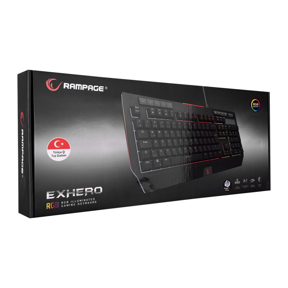 KB-R105 EXHERO Full RGB Ledli Outemu Blue Switch 5 Makro Tuşlu Standlı Türkçe Gaming Oyuncu Klavyesi