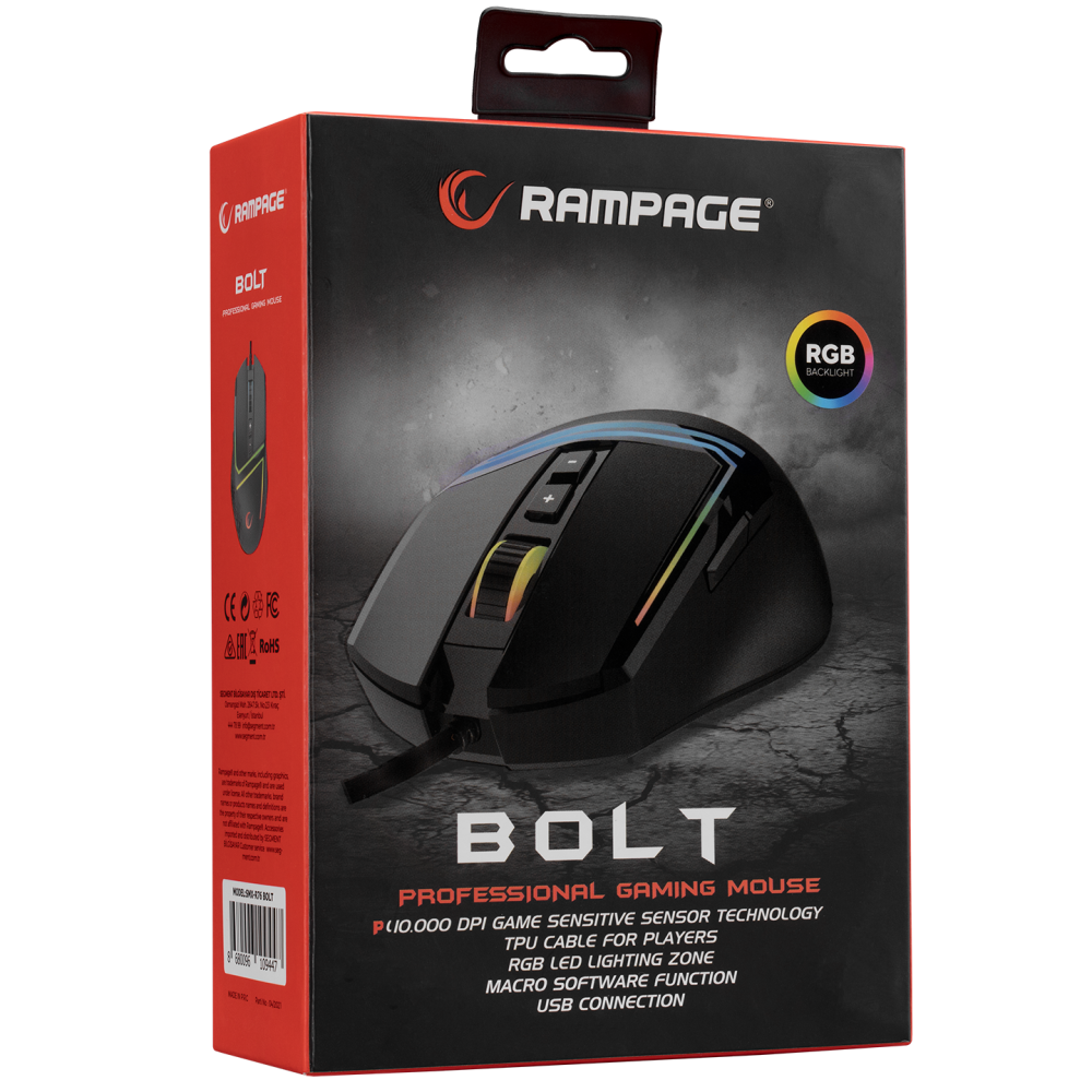 SMX-R76 BOLT Usb Siyah RGB Ledli 10000 dpi Gaming Oyuncu Mouse - Rampage