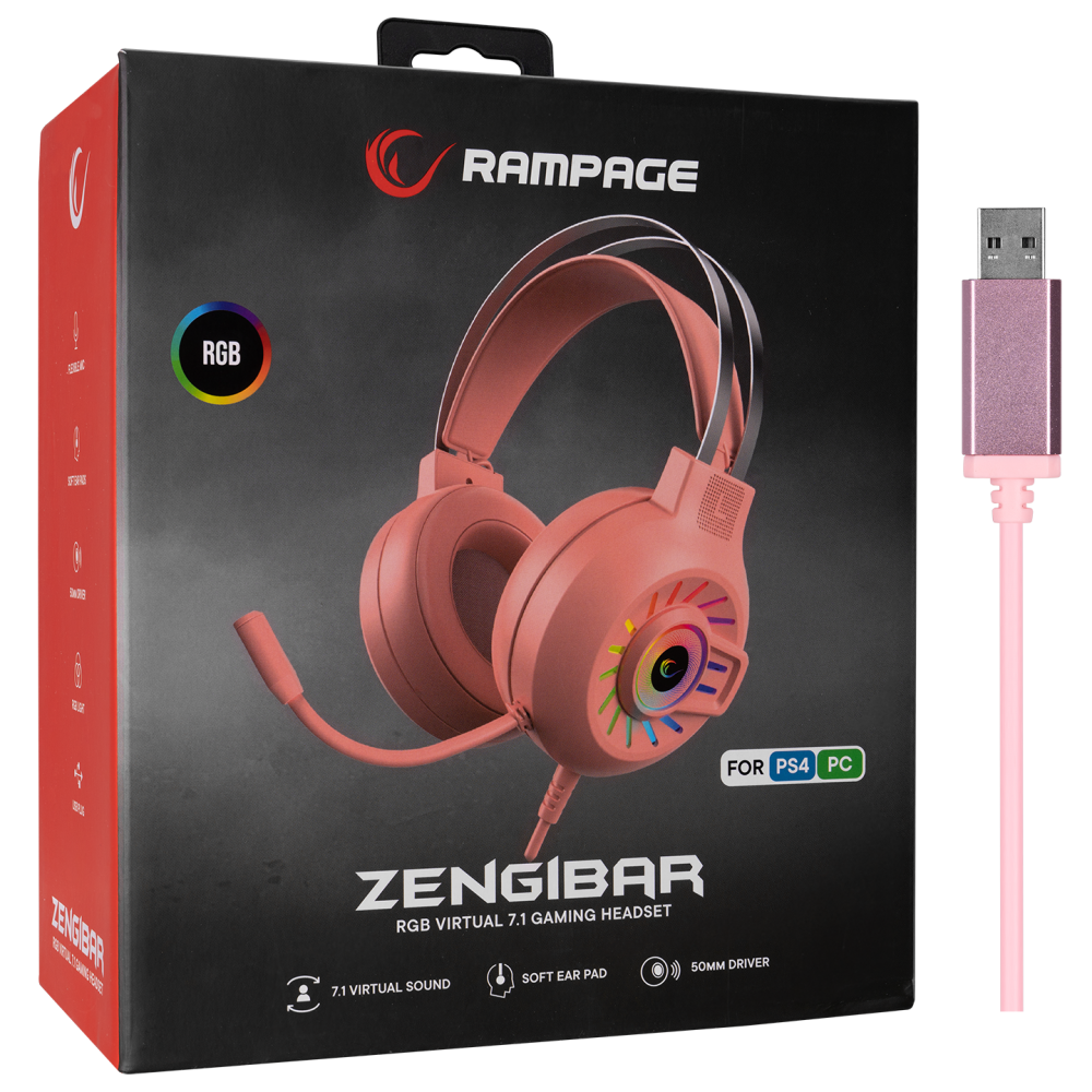 RM-K44 ZENGIBAR RGB 7.1 Oyuncu Kulaklığı - Pembe - Rampage