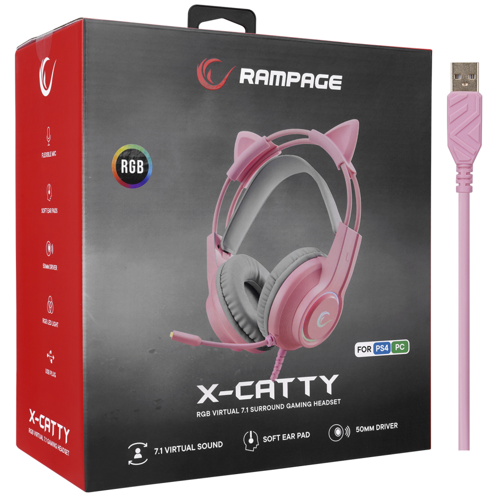 RM-K91 X-CATTY RGB 7.1 Oyuncu Kulaklığı - Pembe - Rampage