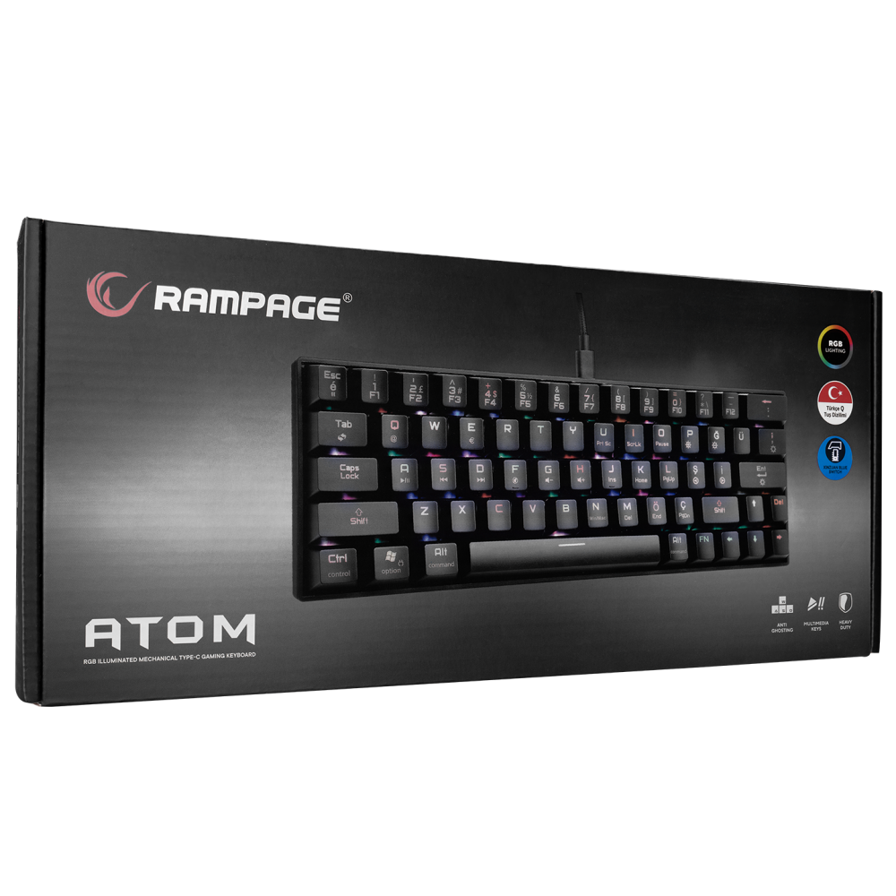 KB-RX63 ATOM Siyah Type-C Blue Switch Q 63 Tuşlu US Layout Mini Gaming Oyuncu Klavyesi - Rampage