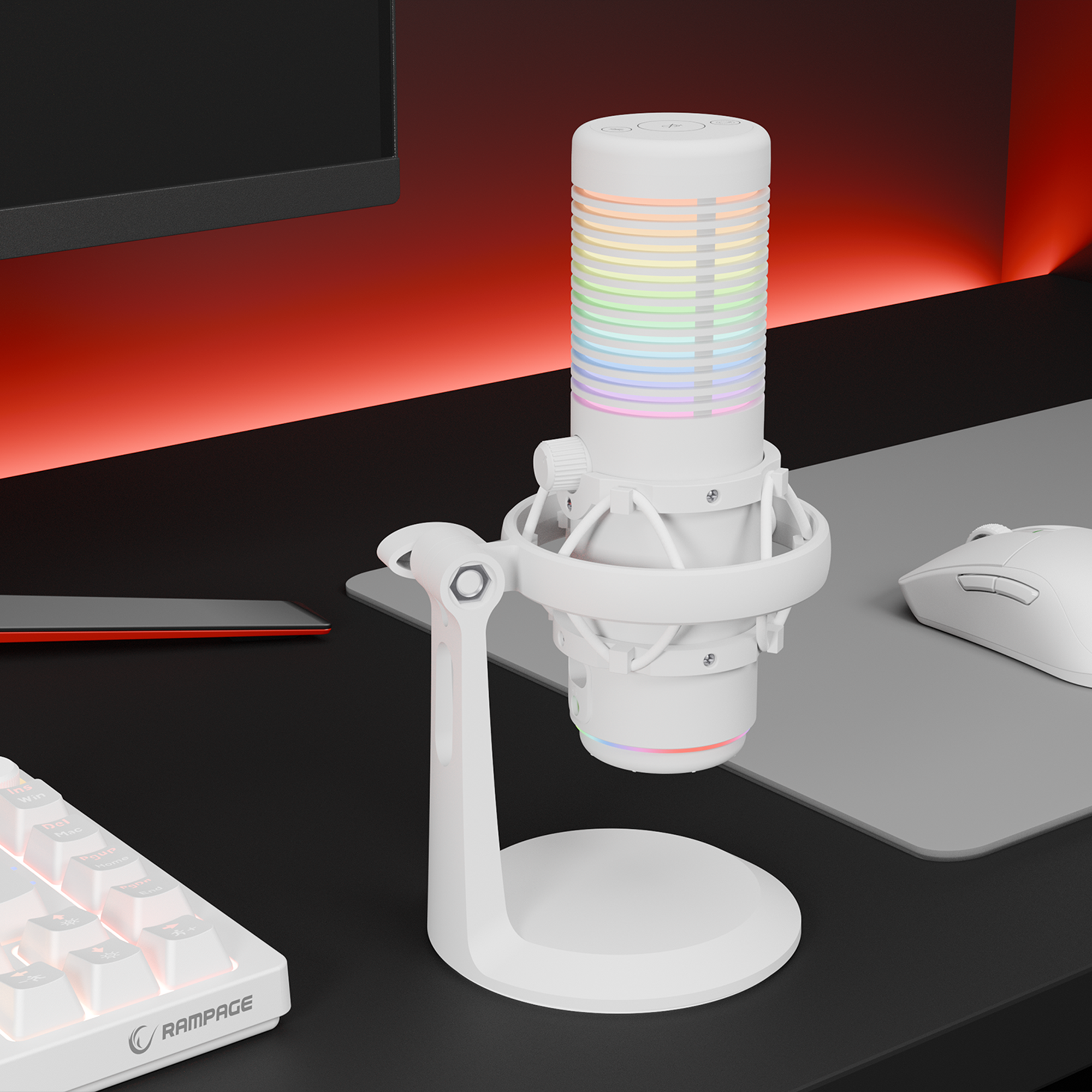 BEMOL Beyaz RGB Shock Mount Masaüstü Mikrofon - Rampage