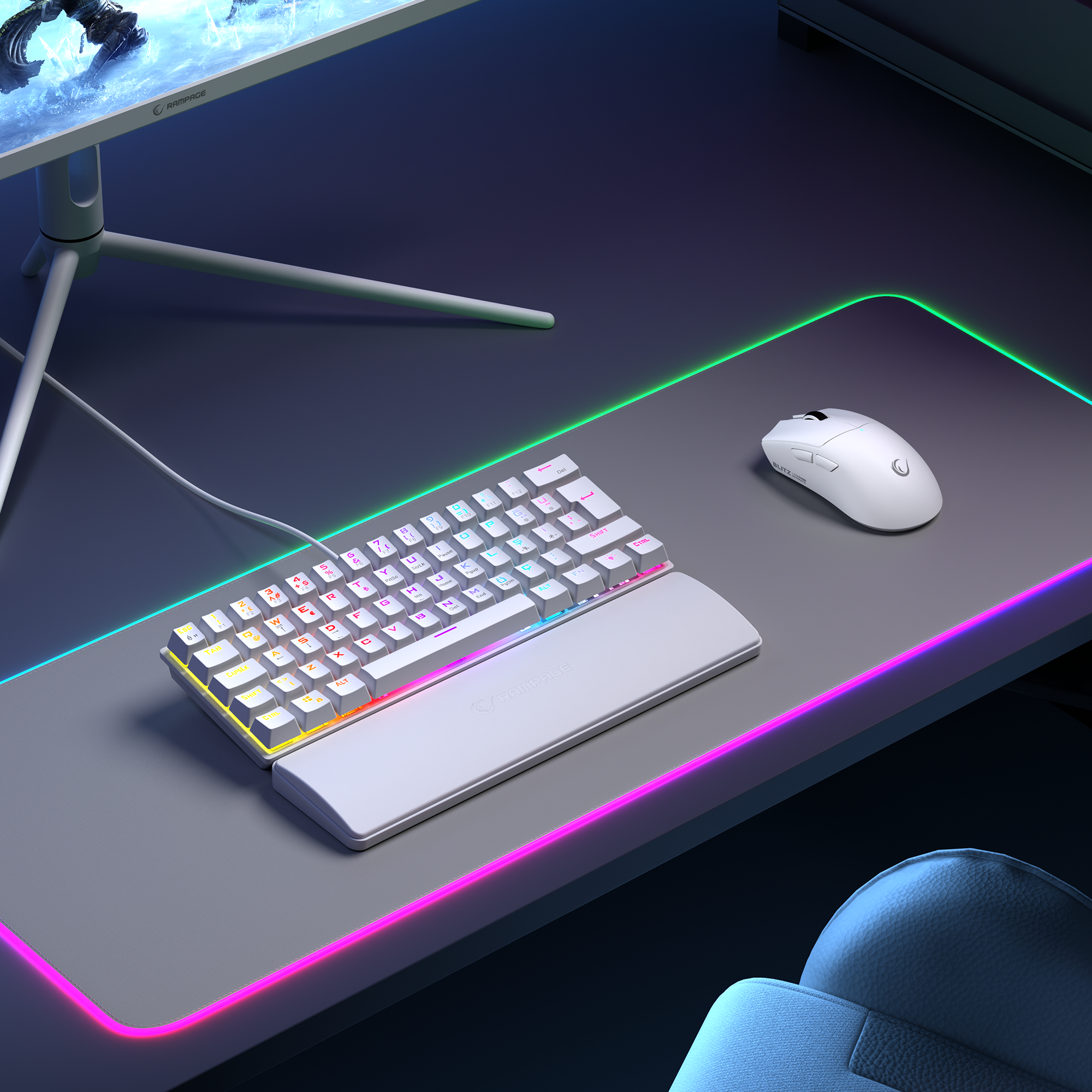 Ally K11 Rainbow Q Red Switch Mechanical Gaming Keyboard with Wrist Rest - White