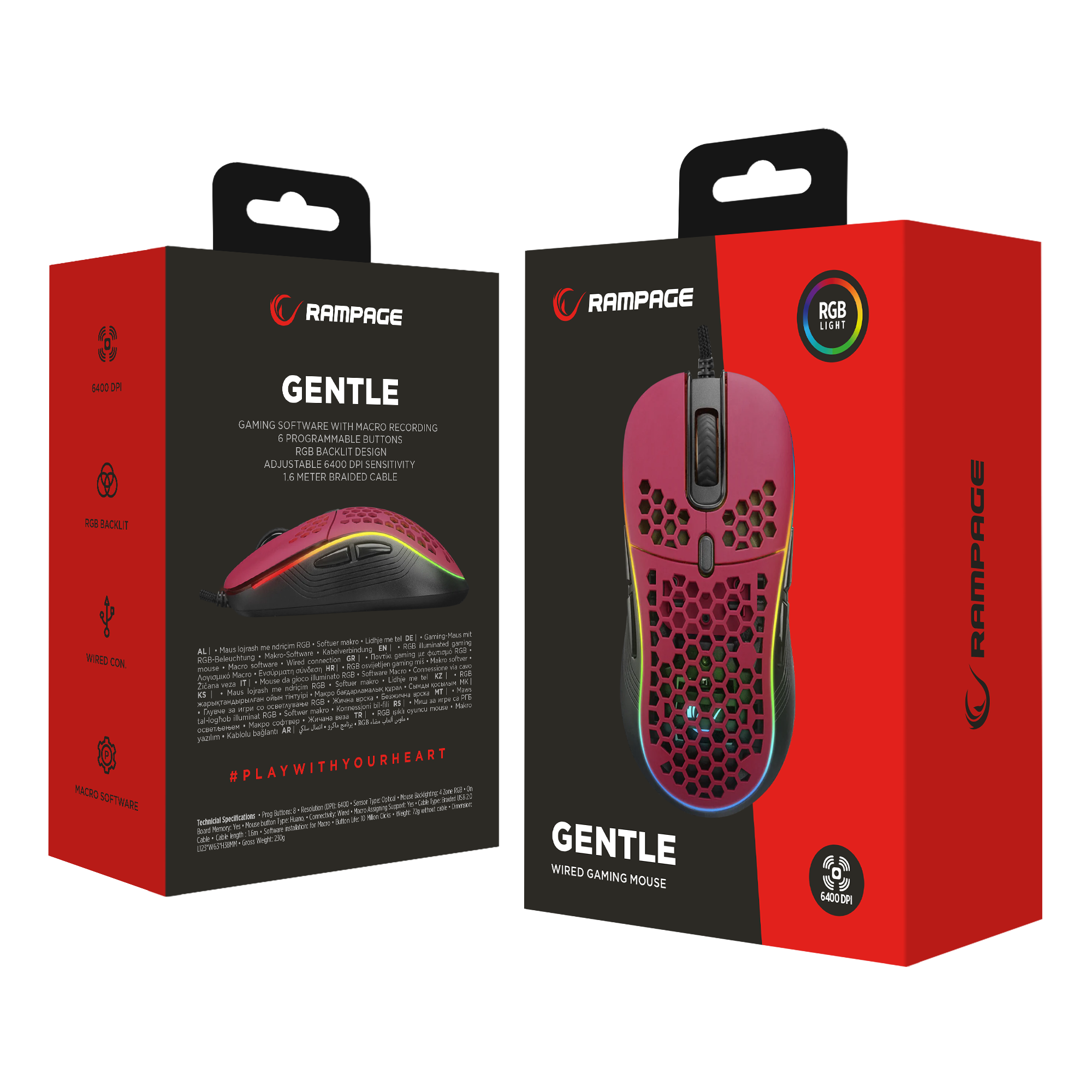 SMX-R85 GENTLE 6400dpi Kırmızı RGB Ledli Süper Hafif Makrolu Gaming Oyuncu Mouse - Rampage
