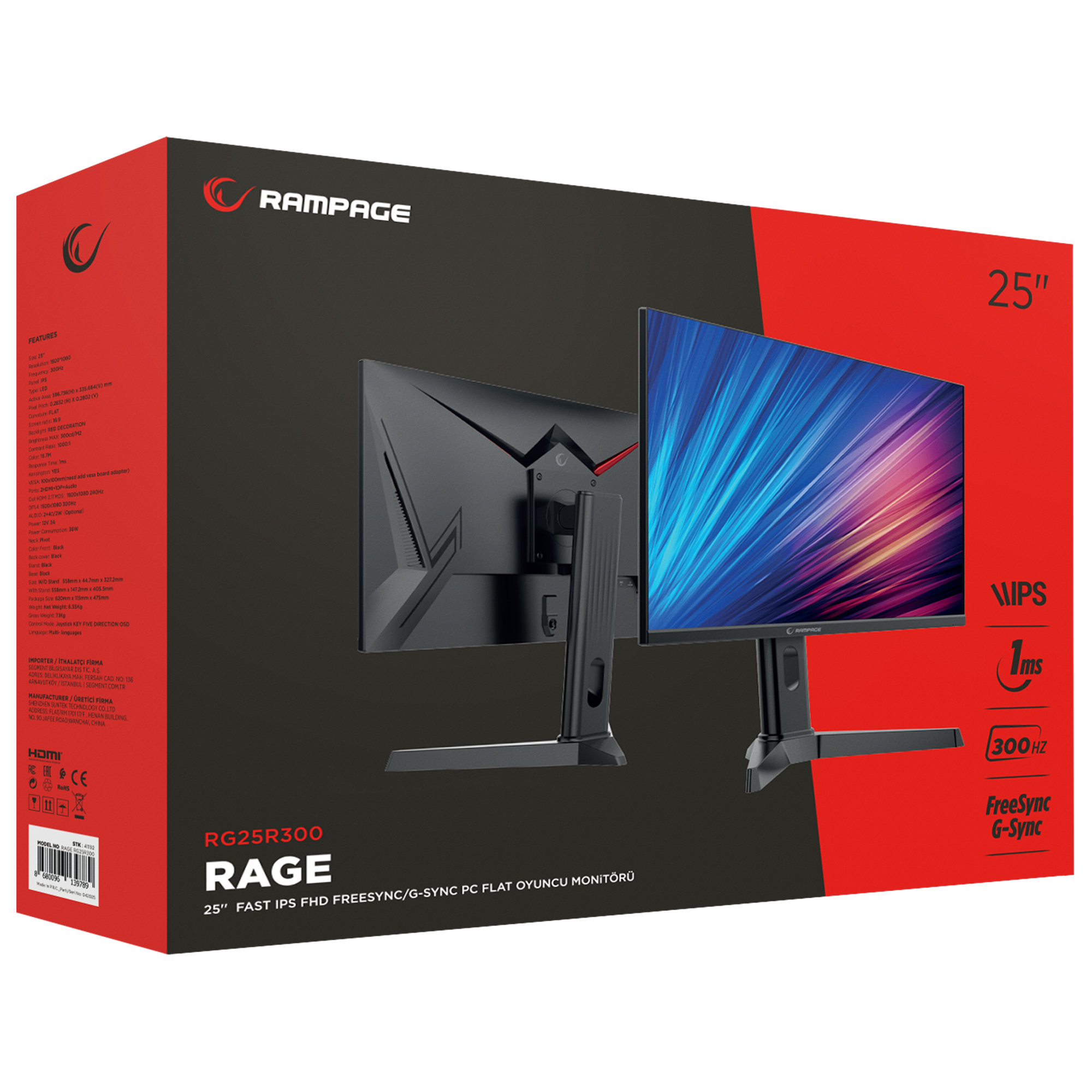 Rage RG25R300 25'' 300Hz 1ms FAST IPS RGB Freesync FHD PC Flat Gaming Monitor