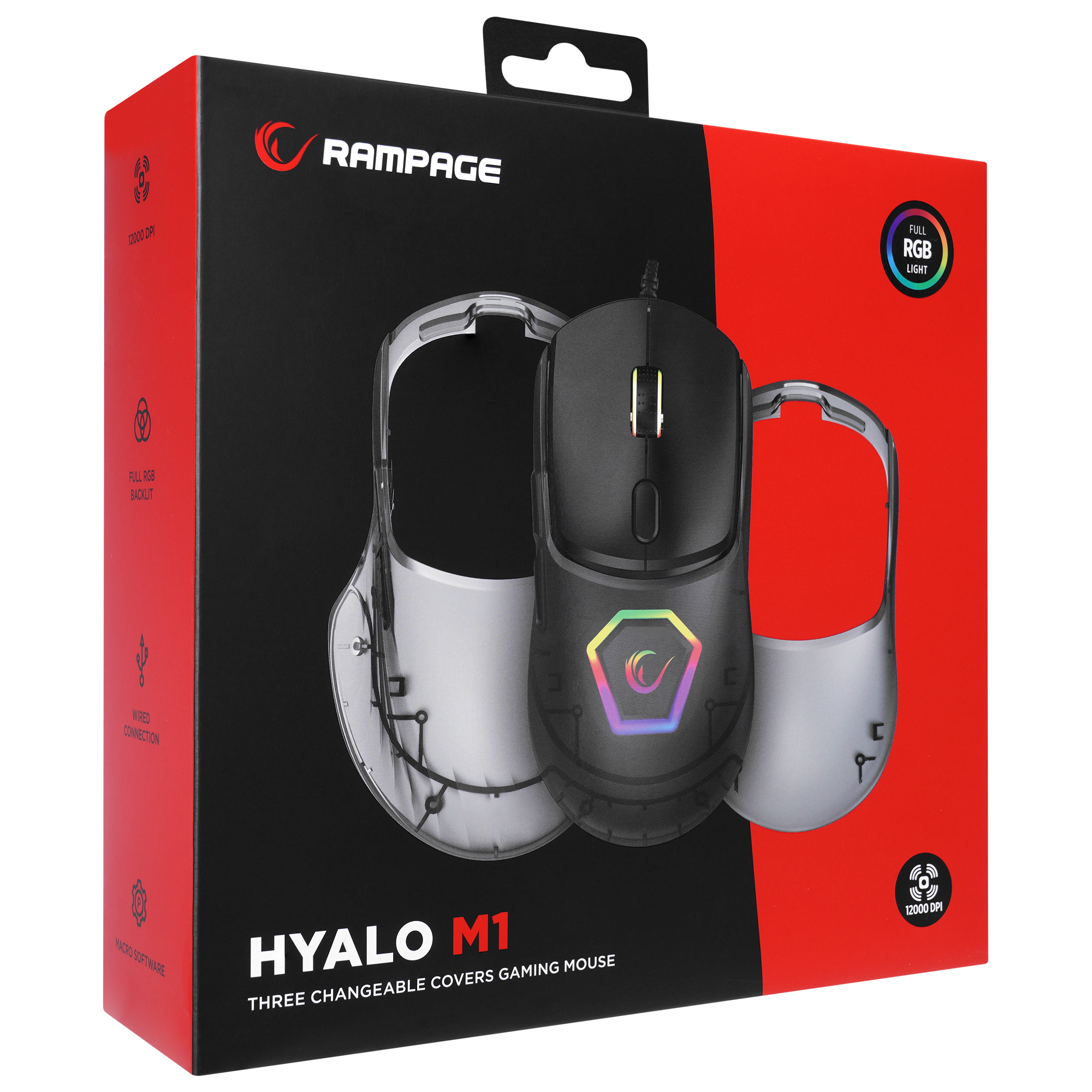 Hyalo M1 Siyah Değiştirilebilir 3 Kapaklı RGB 12000 DPI Gaming Oyuncu Mouse - Rampage