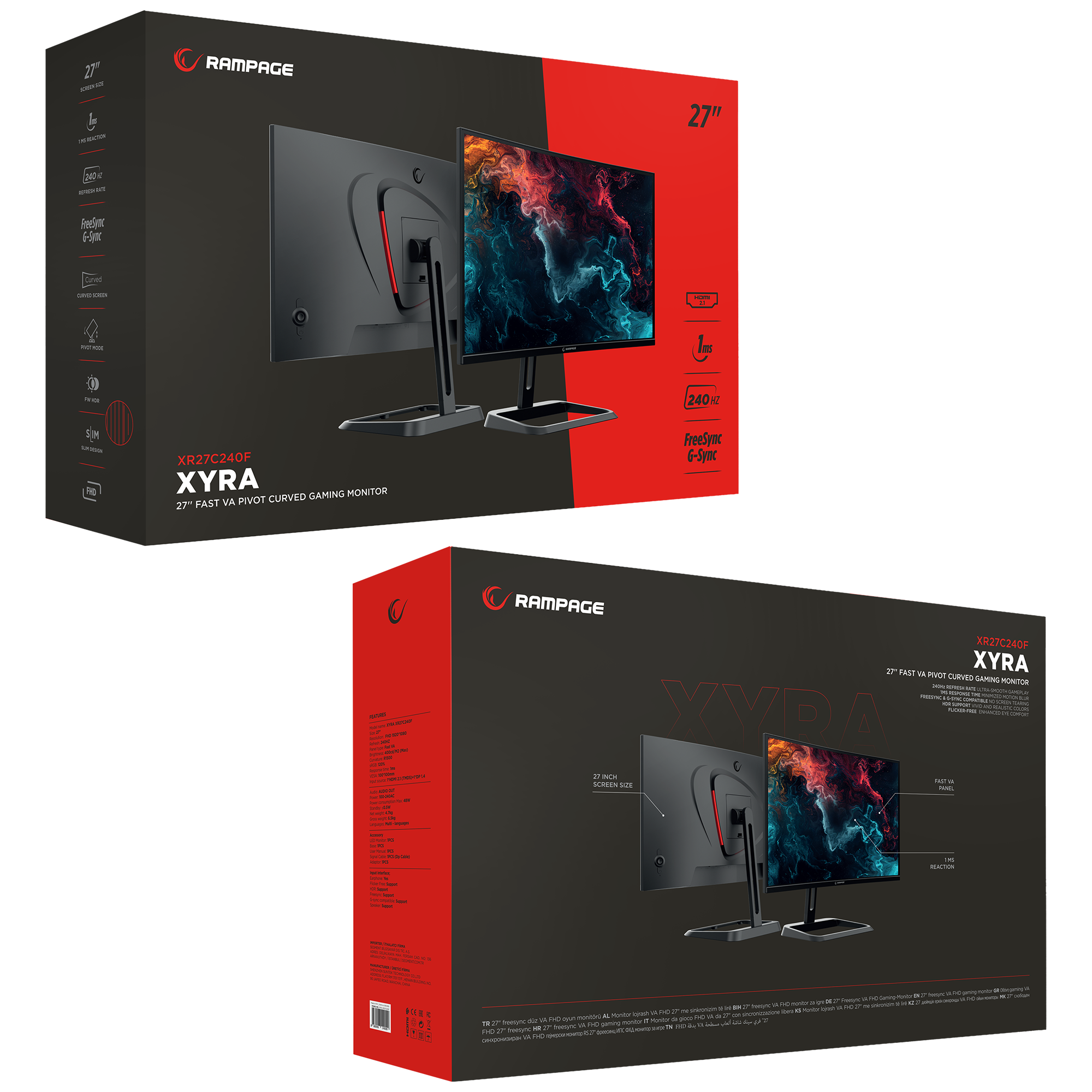 Xyra XR27C240F RGB 27'' 240Hz Fast VA FHD Freesync/Gsync Pivot R1500 Curved Gaming Monitor