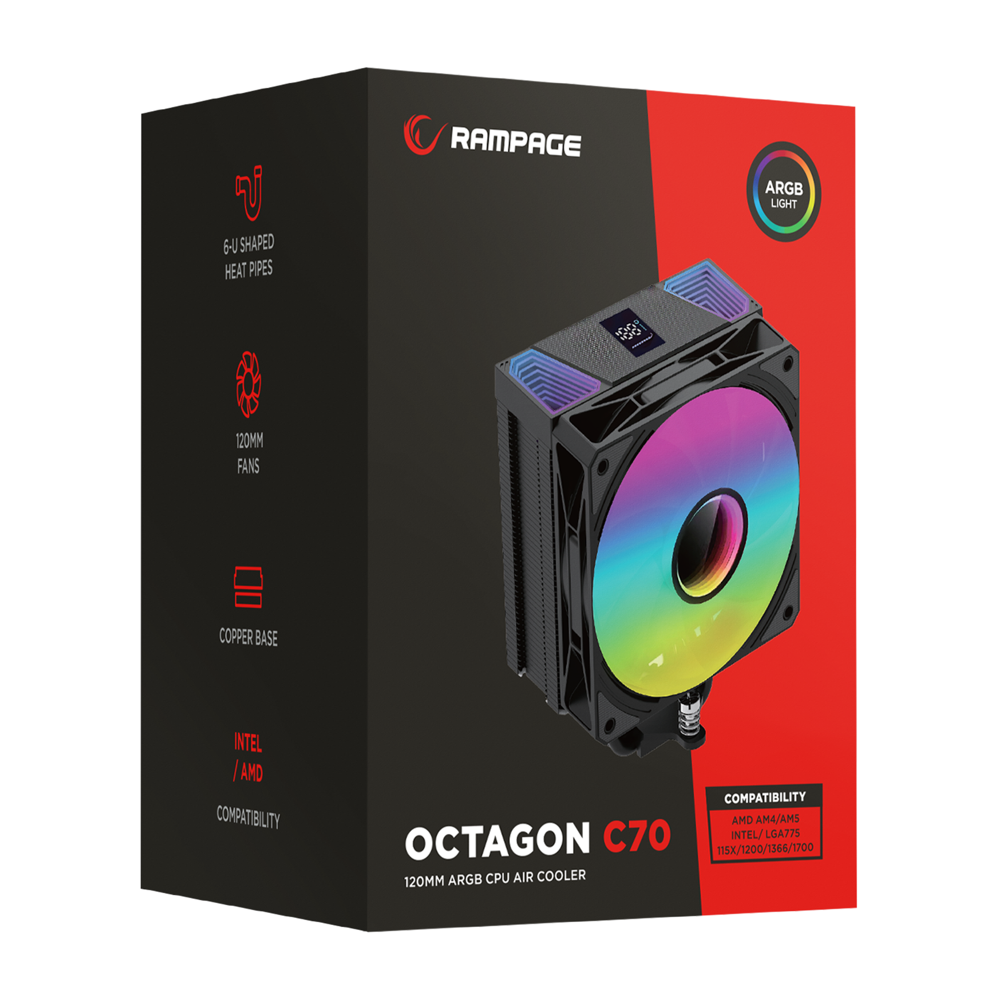 OCTAGON C70 Beyaz Göstergeli AM5/LGA1700 Uyumlu Hava Soğutmalı CPU Fan - Rampage