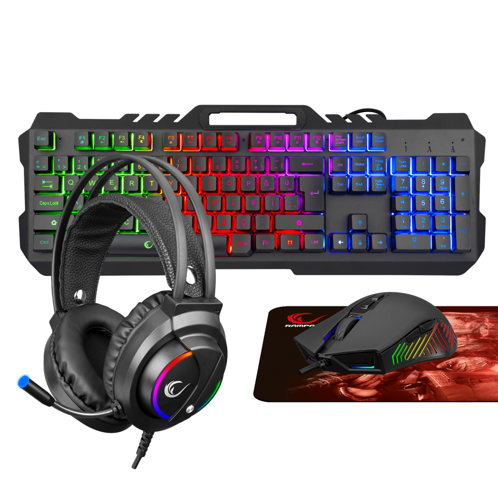 Rampage FITMENT KM-GX7 Gökkuşağı Aydınlatmalı Siyah USB Gaming Combo Mouse + Mousepad + Kulaklık Q Gaming Klavye +