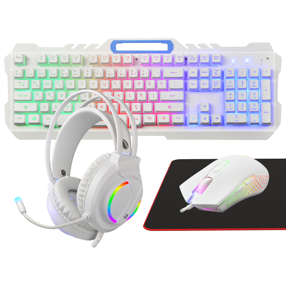 Rampage FITMENT KM-GX7 Gökkuşağı Aydınlatmalı Beyaz USB Gaming Combo Mouse + Mousepad + Kulaklık Q Gaming Klavye +