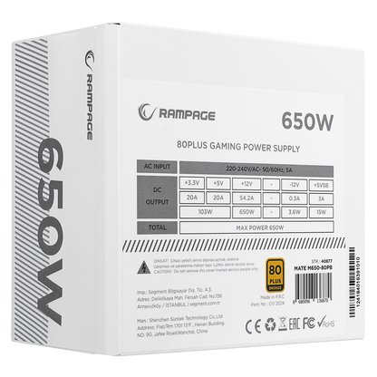 MATE M650- 650W Full Modular 80 Plus Bronze Aktif PFC Beyaz Power Supply - Rampage