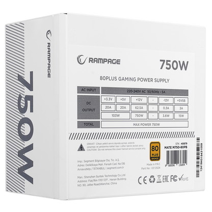 MATE M750-80PB 750W 12cm Fan Full Modular 80 Plus Bronze Aktif PFC Beyaz Power Supply