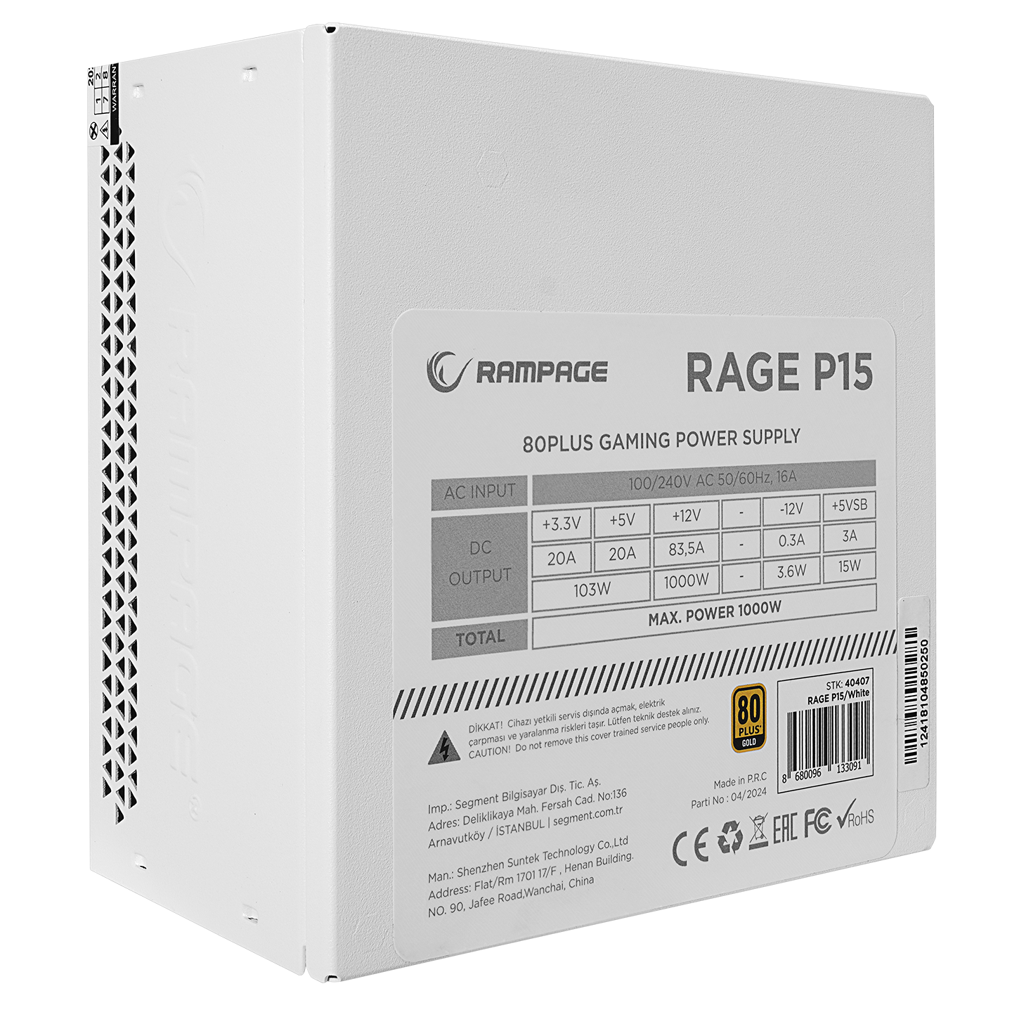 RAGE P15 1000W 80+ GOLD APFC FULL-MODULER ATX3.0 Beyaz Gaming Power Supply - Rampage