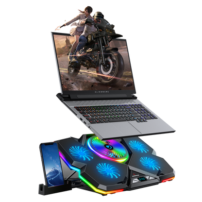 Breeze S50 Telefon Tutuculu 5 Fanlı RGB Işıklı Yükseklik Ayarlı LCD Göstergeli Notebook Soğutucu - Rampage