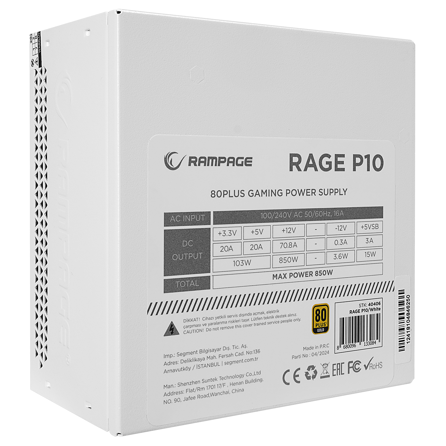 RAGE P10 850W 80+ GOLD APFC FULL MODULER ATX3.0 Beyaz Gaming Power Supply