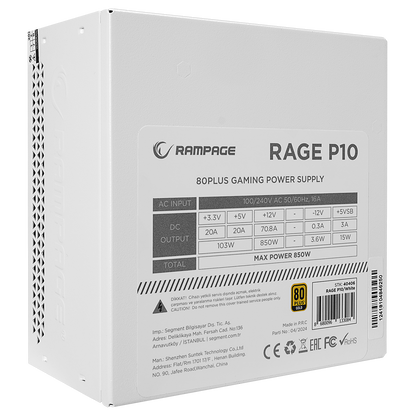 RAGE P10 850W 80+ GOLD APFC FULL MODULER ATX3.0 Beyaz Gaming Power Supply