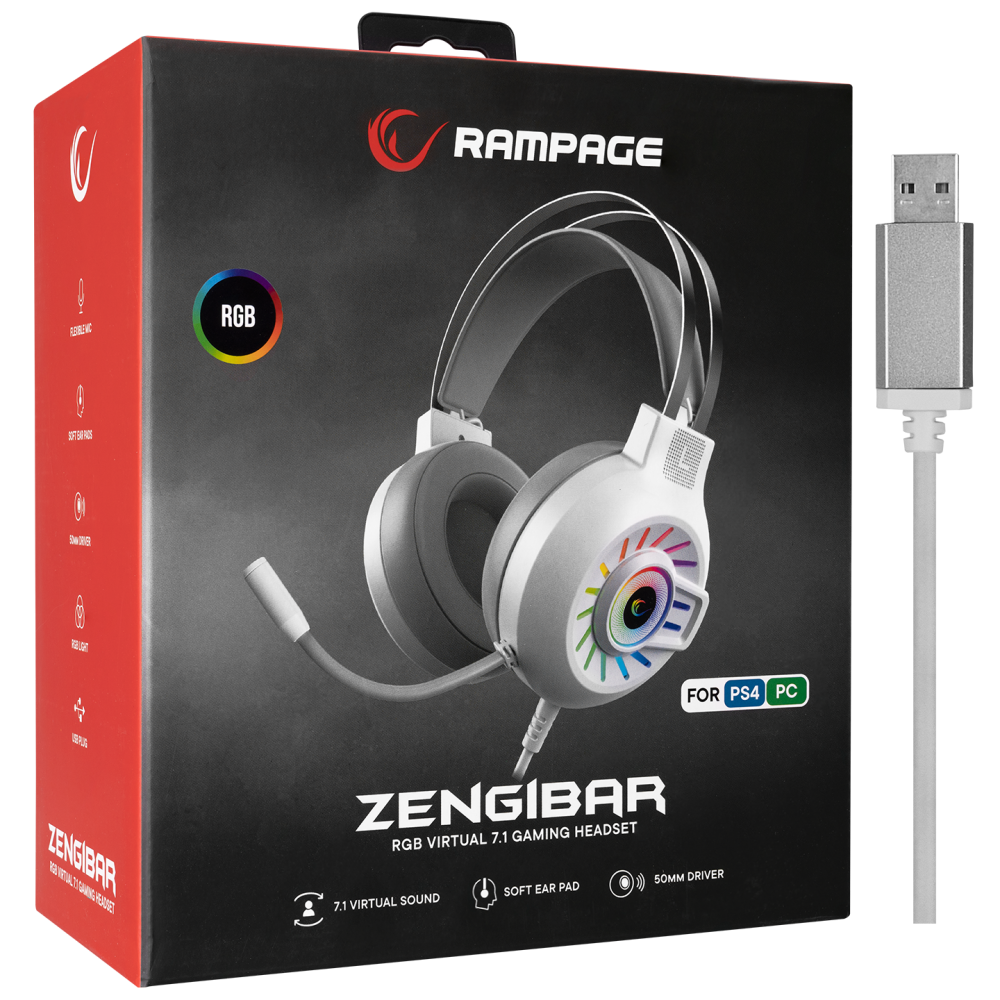 RM-K44 - Beyaz ZENGIBAR RGB 7.1 Oyuncu Kulaklığı - Rampage