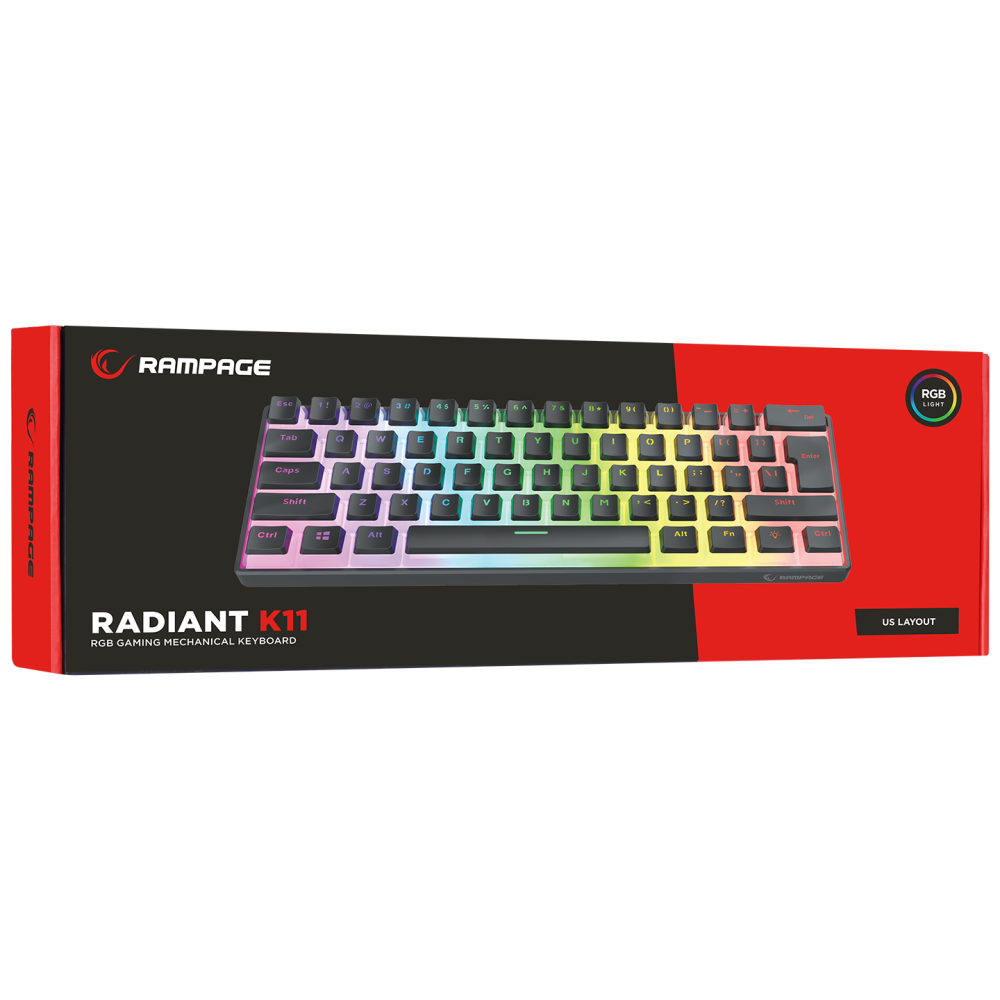 RADIANT K11 Siyah Type-C / Puding Tuşlu US Layout Red Switch Gaming Oyuncu Klavye - Rampage