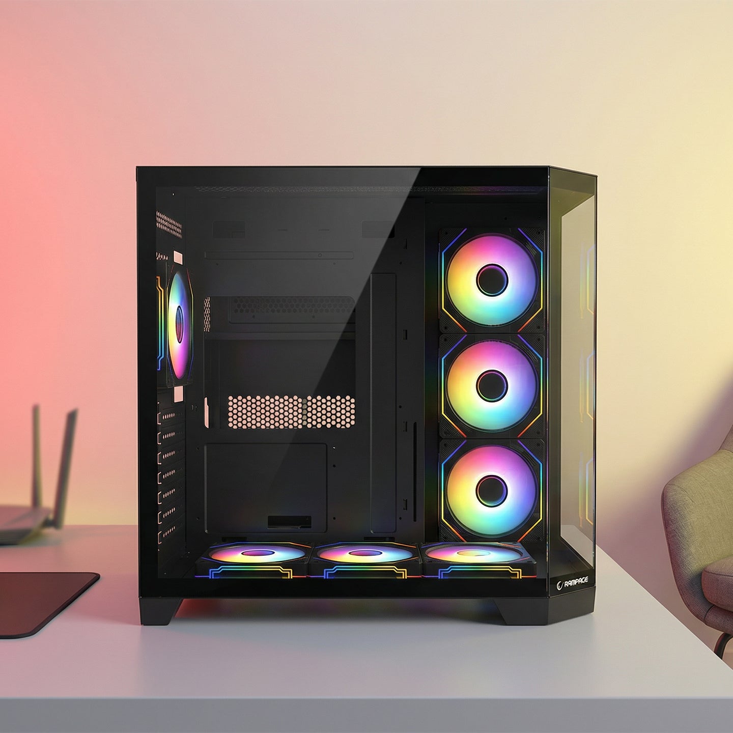 850W 80 Plus Bronze 3 Taraf Temp. Camlı 7x12cm ARGB Fan+Kumanda Siyah Oyuncu Kasası