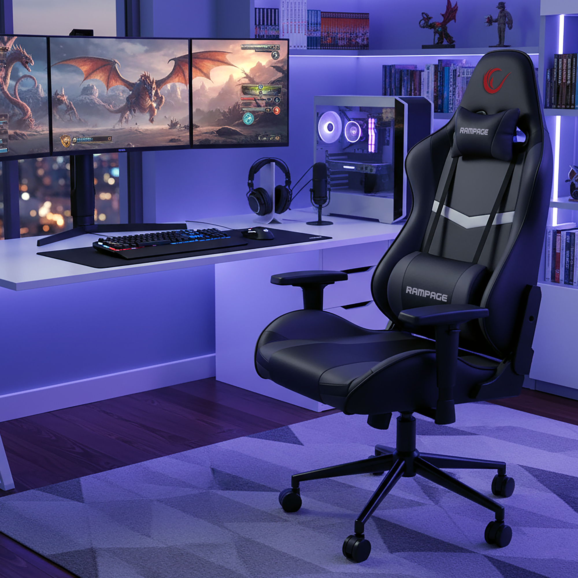 3D Kol,Tam Dökme Süngerli Oyuncu Koltuğu-Siyah/Gri