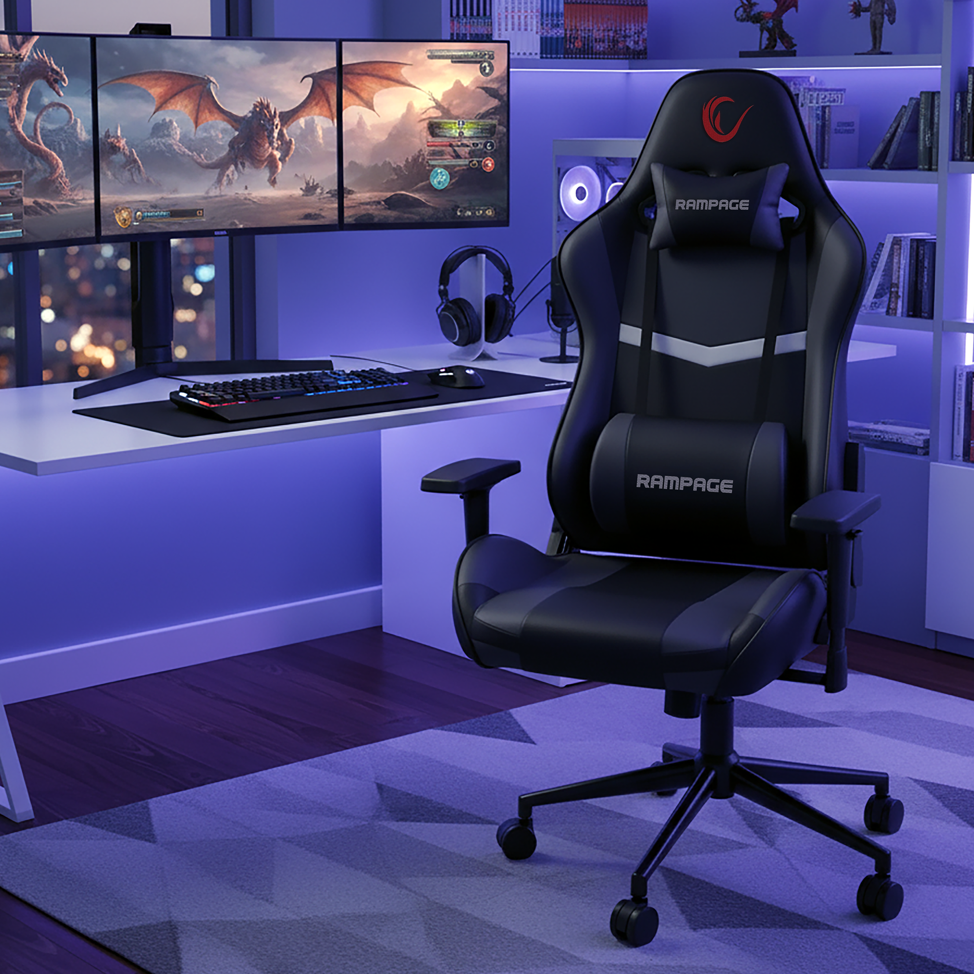 3D Kol,Tam Dökme Süngerli Oyuncu Koltuğu-Siyah/Gri