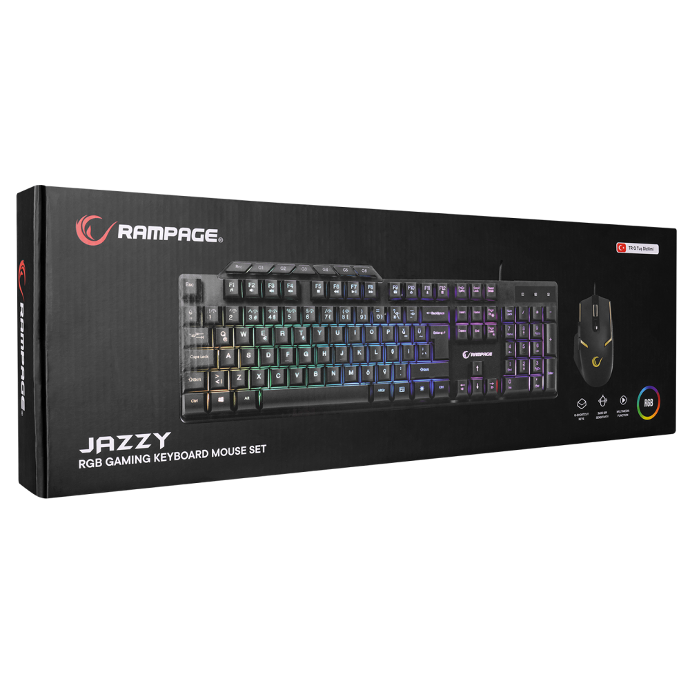 KM-9858 JAZZY Siyah Rainbow Backlight Makro Tuşlu Gaming Klavye + 3600 dpi Mouse Set - Rampage