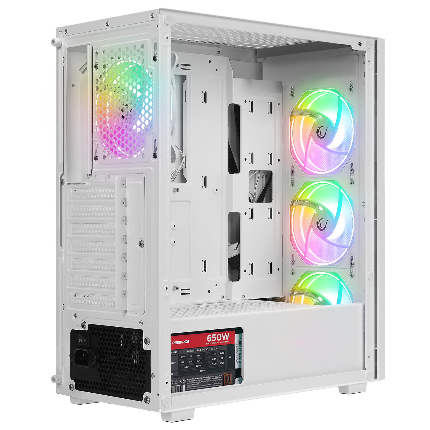Vigilant Mesh 650W 80+ Bronze Tempered Glass 4x12cm RGB Fan ATX Mid-T Gaming Case-White