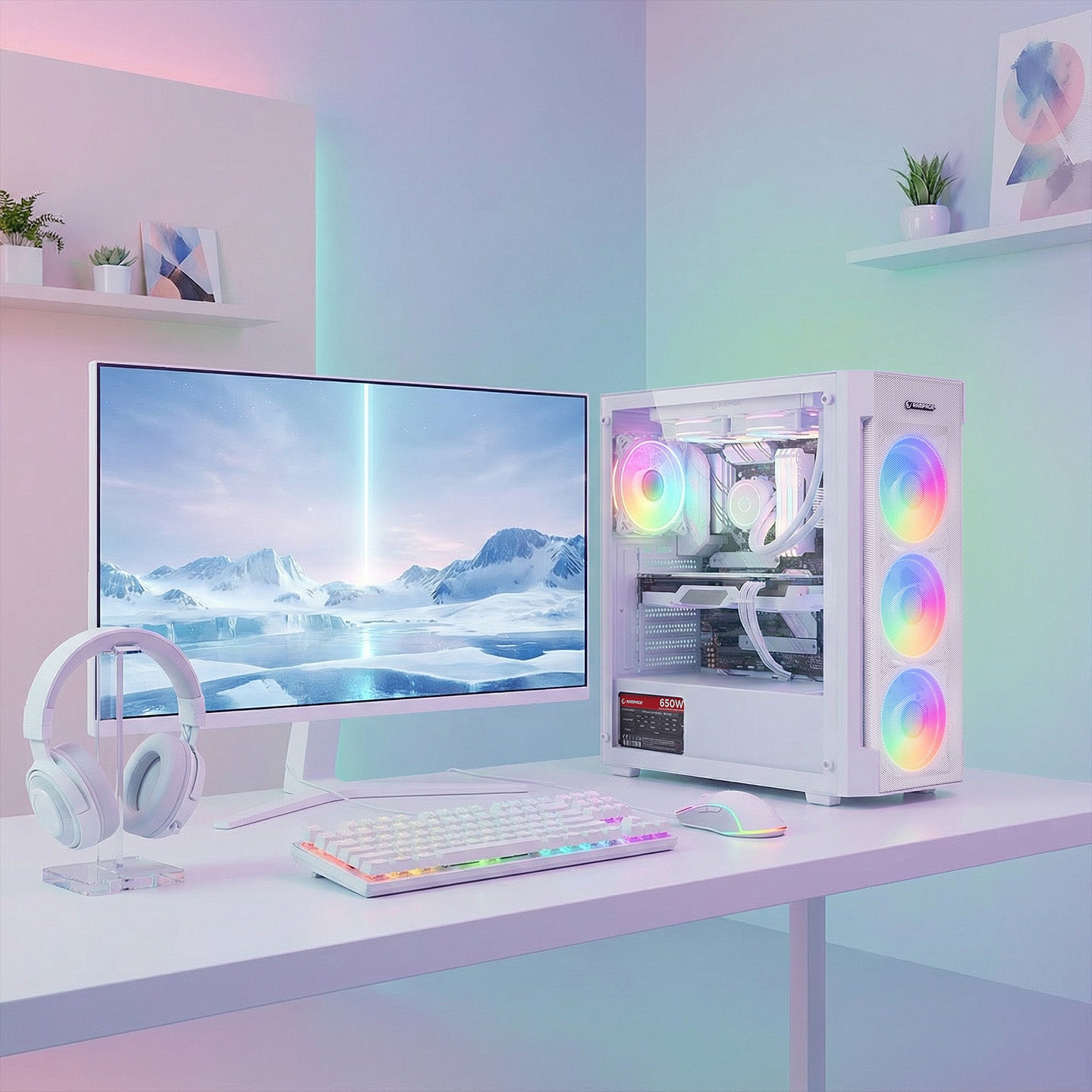 Vigilant Mesh 650W 80+ Bronze Temperli Camlı 4x12cm RGB Fan Atx Mid-T Oyuncu Kasası-Beyaz