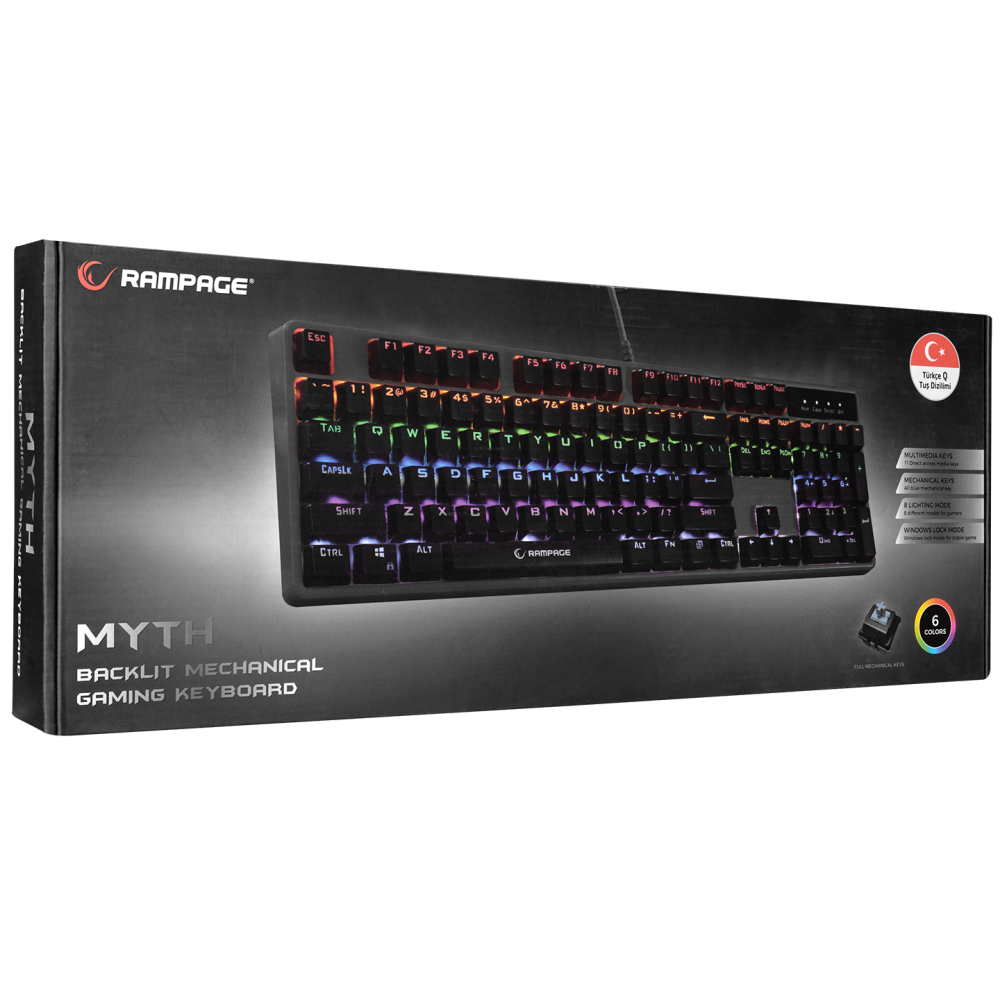KB-R18 Myth Siyah USB Gökkuşağı Aydınlatmalı Q Mekanik Gaming Klavye - Rampage