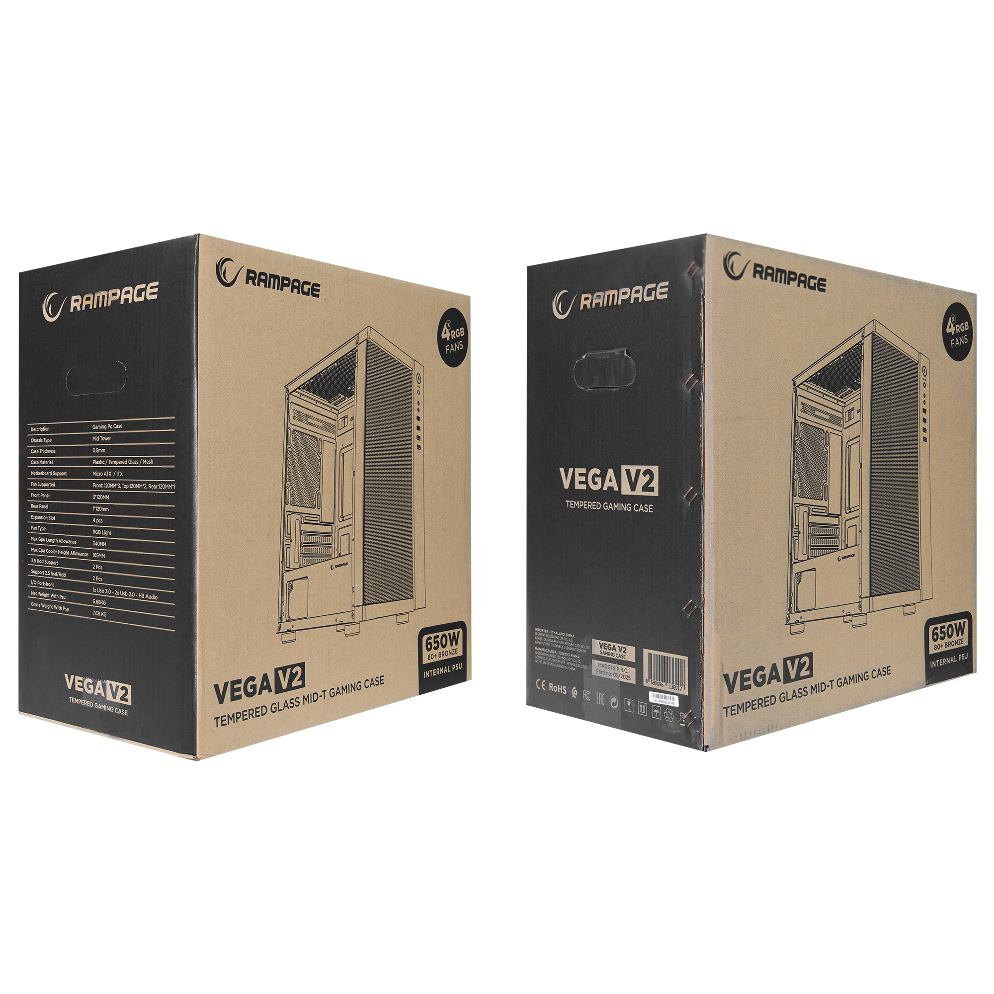 Vega V2 650W 80 Plus Bronze M-ATX Tempered 4x12cm RGB Fan Gaming Case