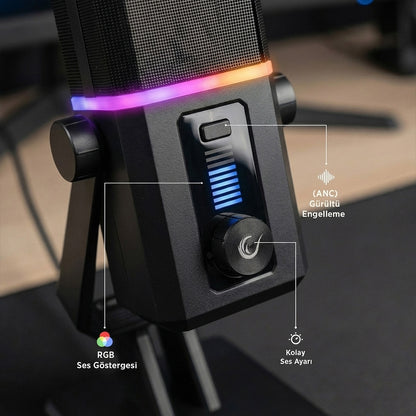 Ra-Mp75 Cyclone RGB Desktop Microphone with Volume Indicator - Black