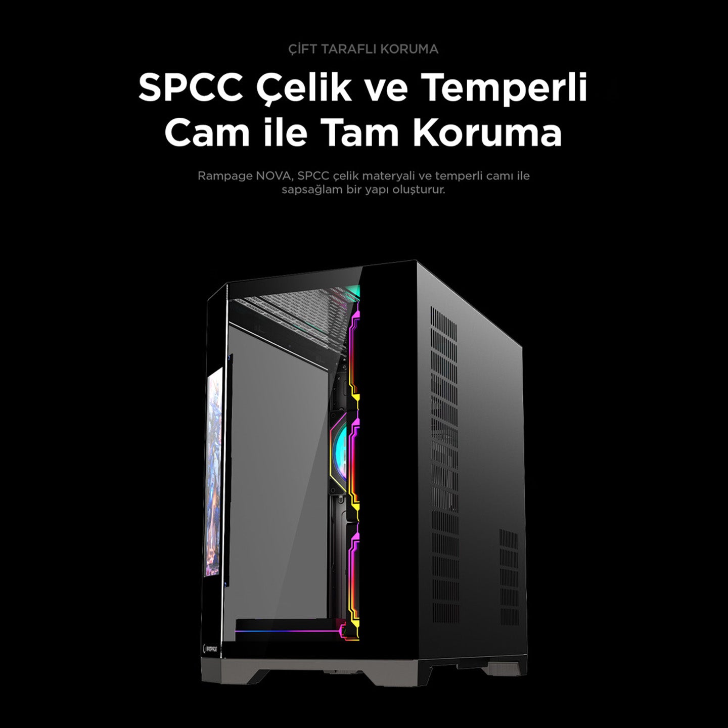 NOVA - Lcd Ekranlı 7x12cm ARGB Fan+Kumanda Oyuncu Kasası-Siyah