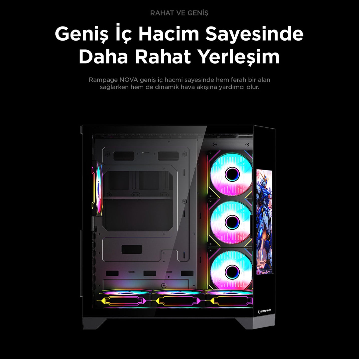 NOVA - Lcd Ekranlı 7x12cm ARGB Fan+Kumanda Oyuncu Kasası-Siyah