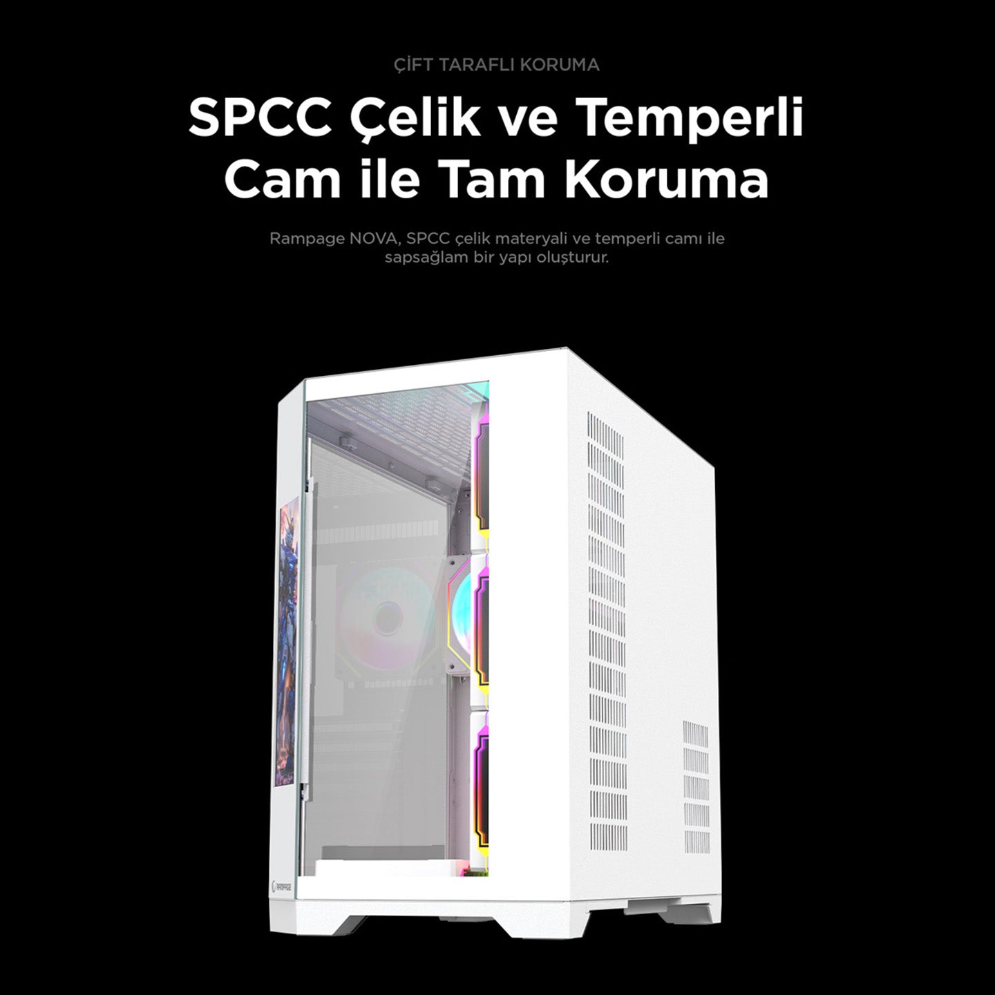 NOVA - Lcd Ekranlı 7x12cm ARGB Fan+Kumanda Oyuncu Kasası-Beyaz