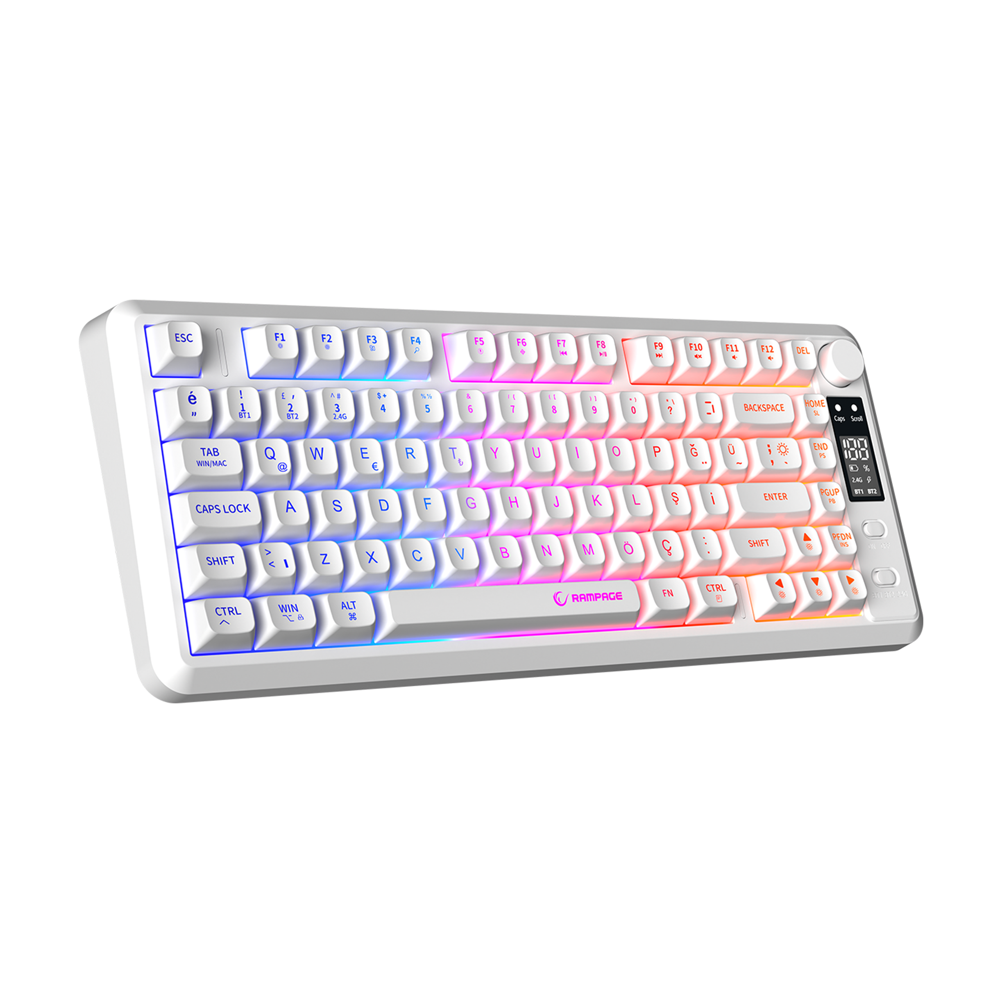RM-K87 ZERON - 2.4G + BT Wireless RGB Q 75 Membrane Oyuncu Klavyesi-Beyaz