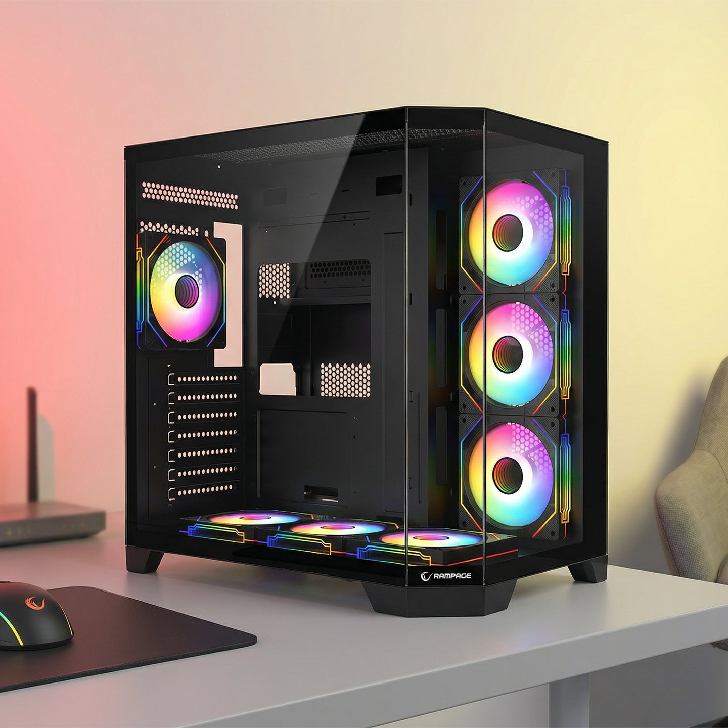 850W 80 Plus Bronze 3 Taraf Temp. Camlı 7x12cm ARGB Fan+Kumanda Siyah Oyuncu Kasası