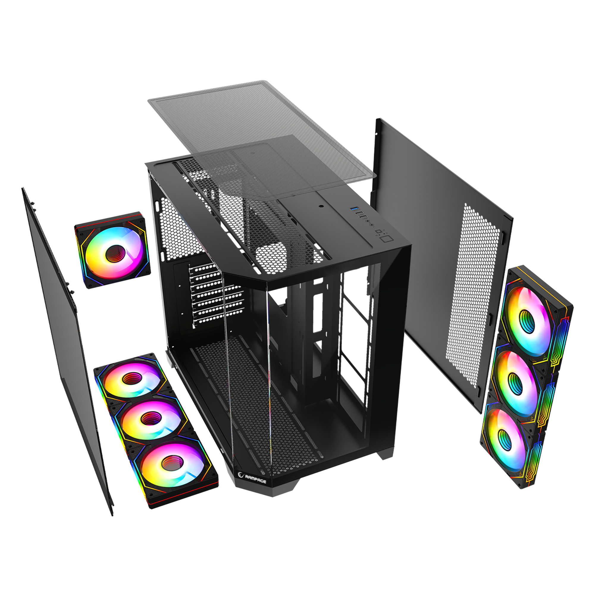 850W 80 Plus Bronze 3 Taraf Temp. Camlı 7x12cm ARGB Fan+Kumanda Siyah Oyuncu Kasası