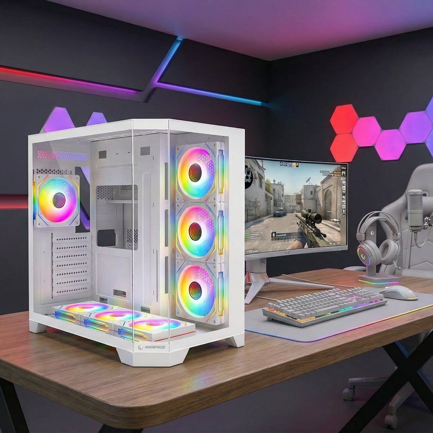 850W 80 Plus Bronze 3 Taraf Temp. Camlı 7x12cm ARGB Fan+Kumanda Beyaz Oyuncu Kasası