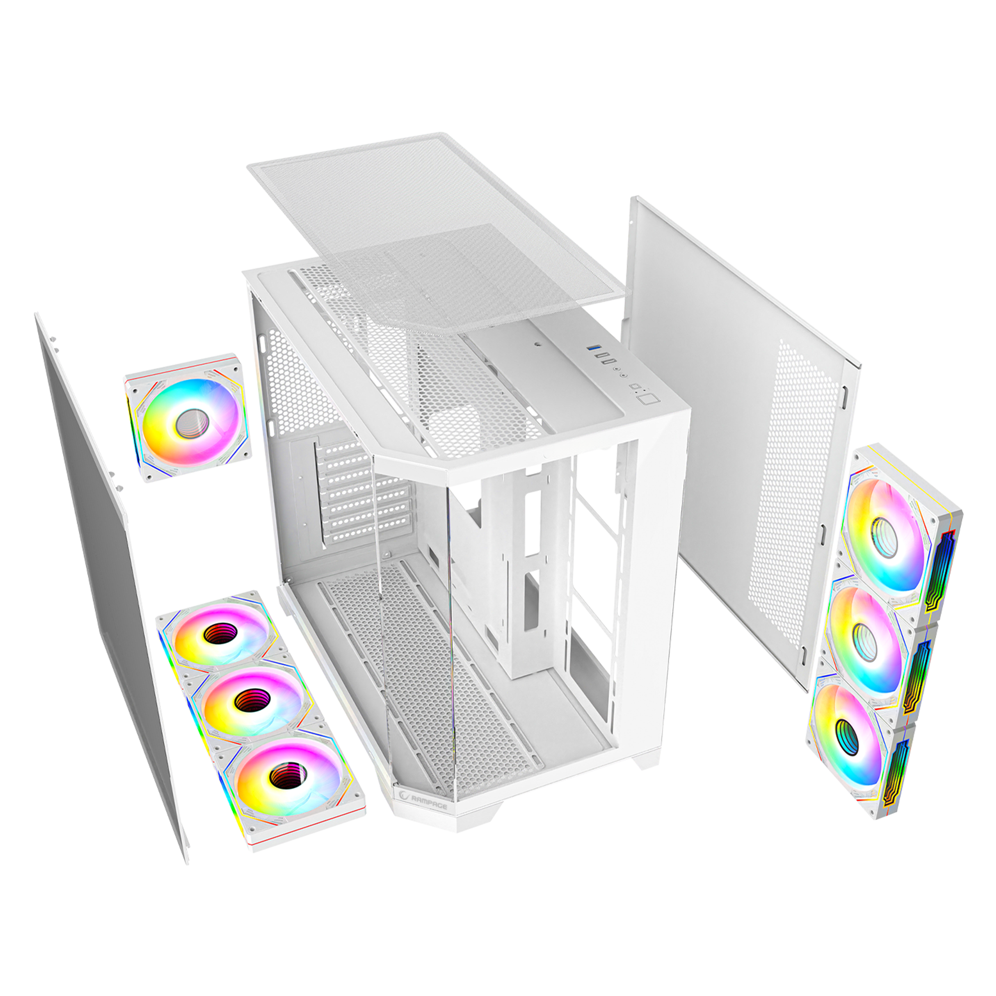 850W 80 Plus Bronze 3 Taraf Temp. Camlı 7x12cm ARGB Fan+Kumanda Beyaz Oyuncu Kasası