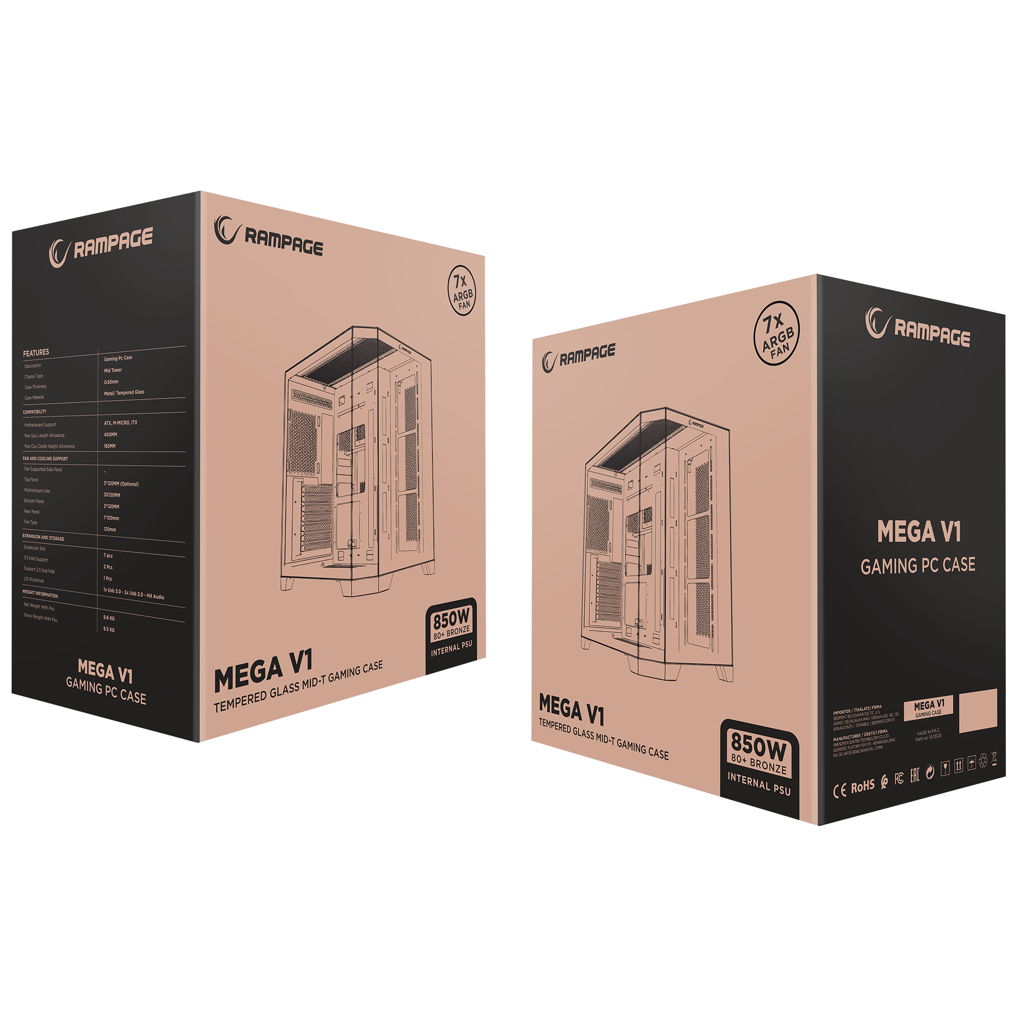 850W 80 Plus Bronze 3 Taraf Temp. Camlı 7x12cm ARGB Fan+Kumanda Beyaz Oyuncu Kasası