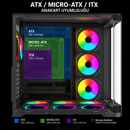 LYRON Kumandalı 7*12cm ARGB Fan+Kontrolcü PWM Fanlı ATX/M-ATX Siyah Oyuncu Kasası