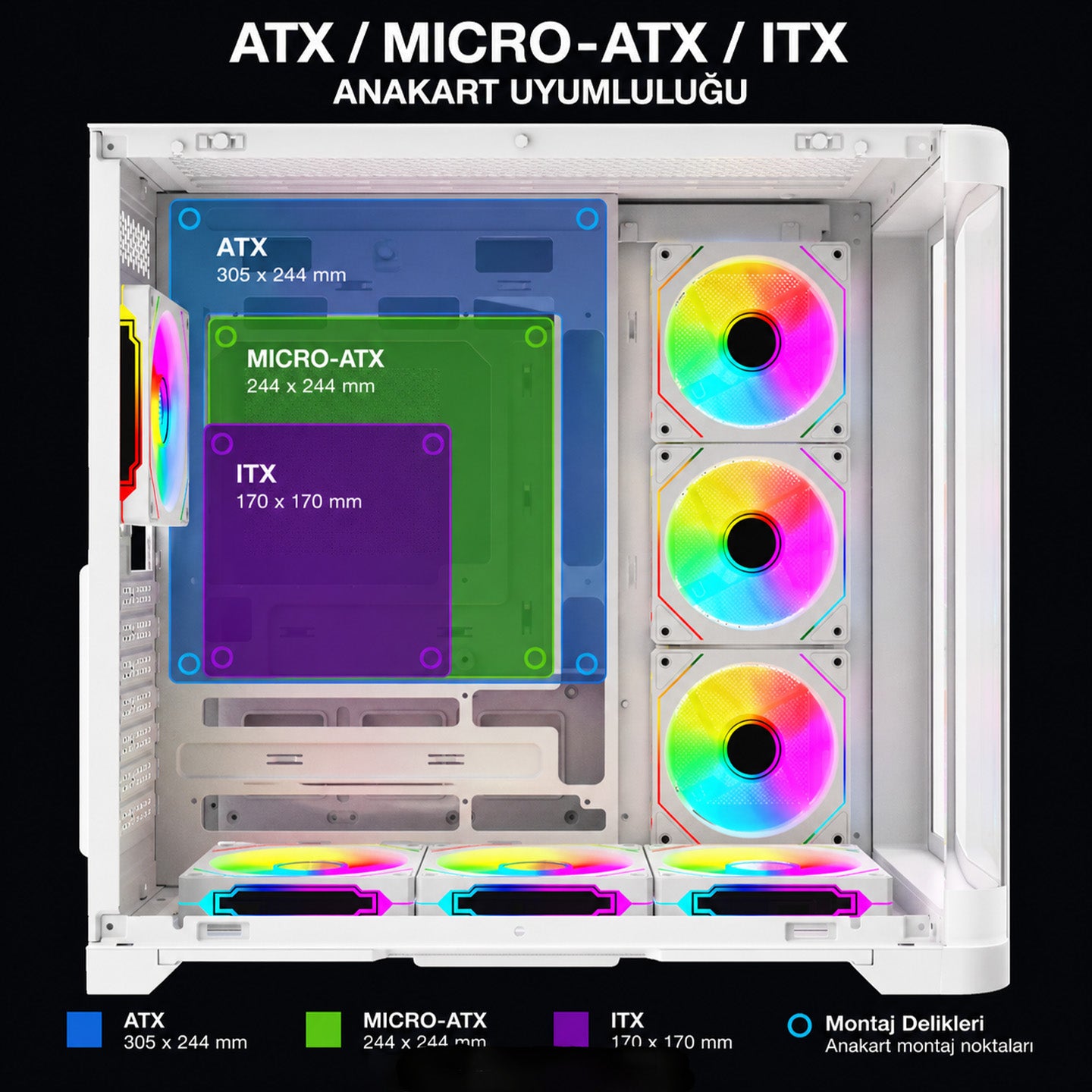 LYRON Kumandalı 7*12cm ARGB Fan+Kontrolcü PWM Fanlı ATX/M-ATX Beyaz Oyuncu Kasas
