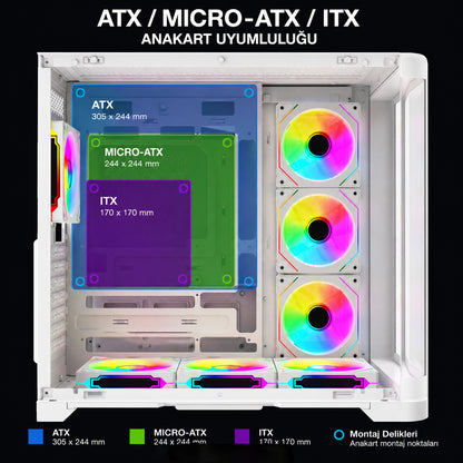 LYRON Kumandalı 7*12cm ARGB Fan+Kontrolcü PWM Fanlı ATX/M-ATX Beyaz Oyuncu Kasas