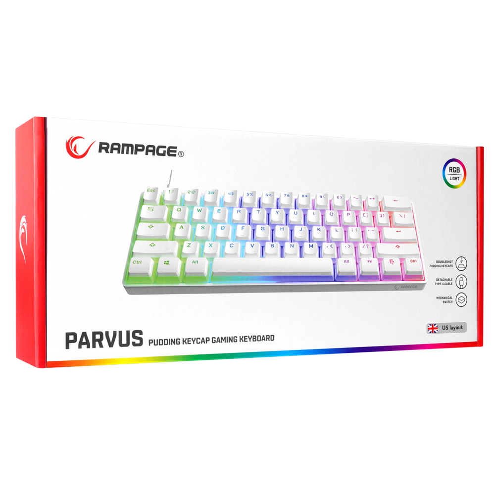 KB-R135 PARVUS Beyaz Type-C Bağlantılı RGB Puding Tuşlu Brown Switch US Gaming Oyuncu Klavye - Rampage
