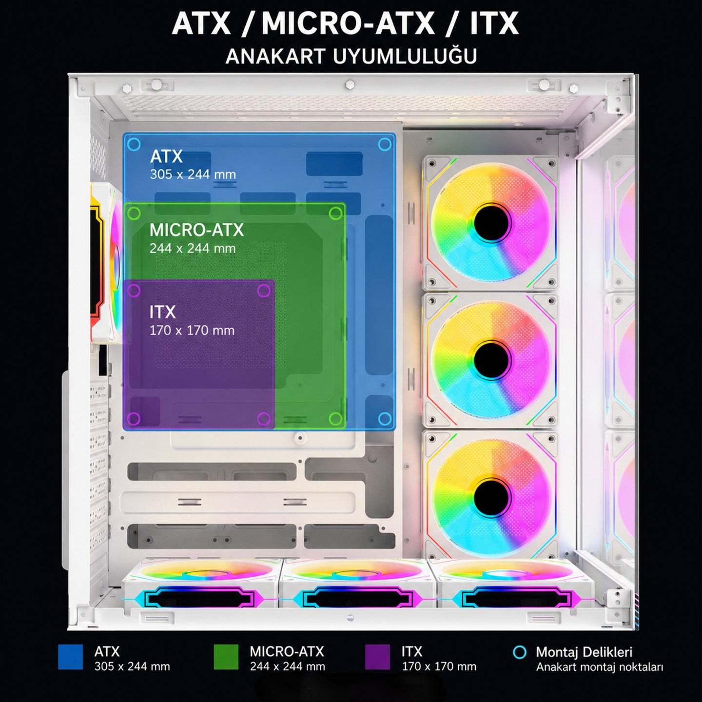 Kumandalı 7*12cm ARGB Fan+Kontrolcü PWM Fanlı ATX/M-ATX Beyaz Oyuncu Kasası