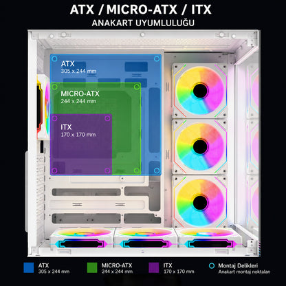Kumandalı 7*12cm ARGB Fan+Kontrolcü PWM Fanlı ATX/M-ATX Beyaz Oyuncu Kasası