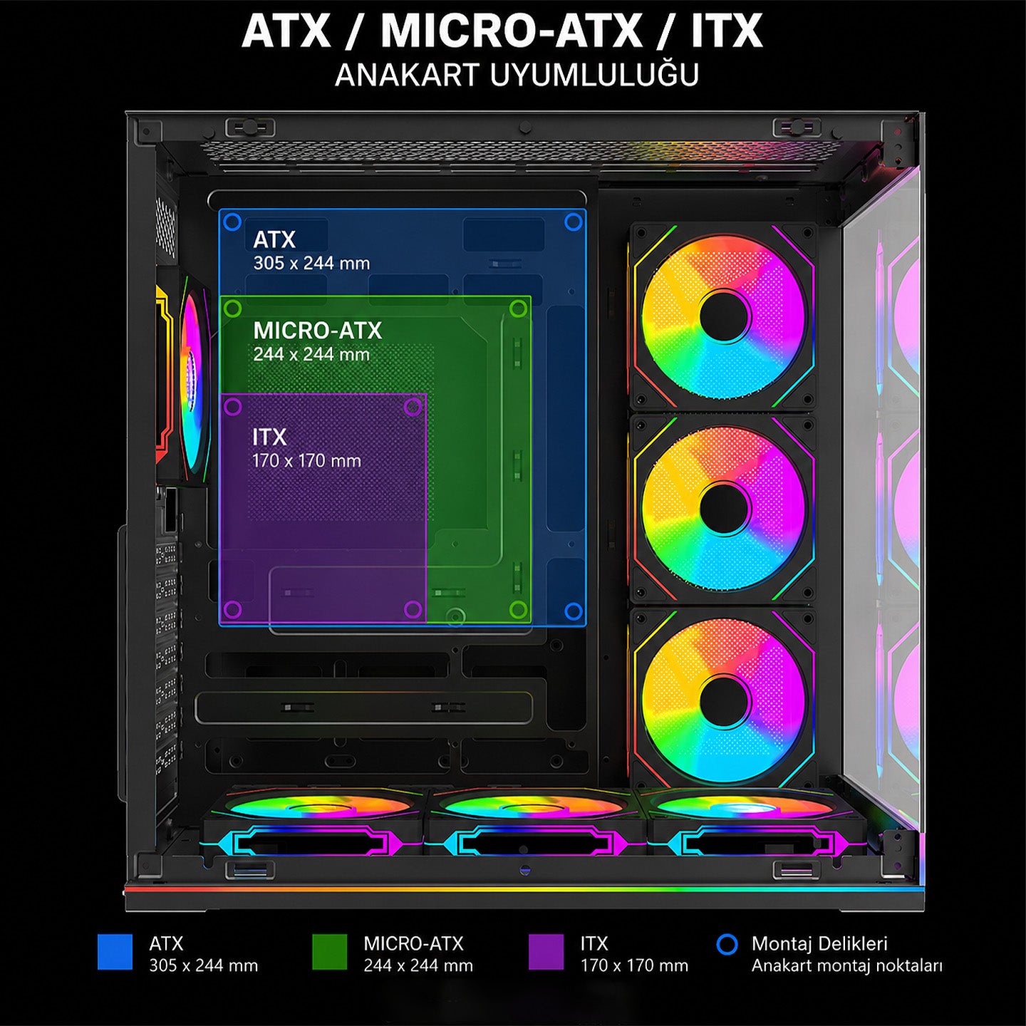 Kumandalı 7*12cm ARGB Fan+Kontrolcü PWM Fanlı ATX/M-ATX Siyah Oyuncu Kasası